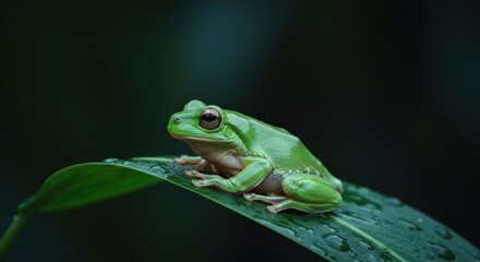 Naklejka premium Green tree frog perched on a glossy leaf in the shadows, facing forward