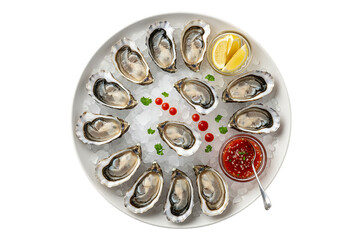 Fresh oysters arranged in circle on crushed ice with lemon wedges and mignonette sauce, isolated on a transparent background