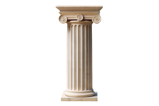 Pristine cream-colored Ionic column featuring three-scroll capital design with delicate vertical fluting below, isolated on a transparent background - Powered by Adobe