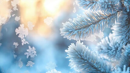 Close-up of icy fir branches with frost and snowflakes on a cold blue background with warm golden light. Beautiful winter season atmosphere. Christmas mood. - Powered by Adobe