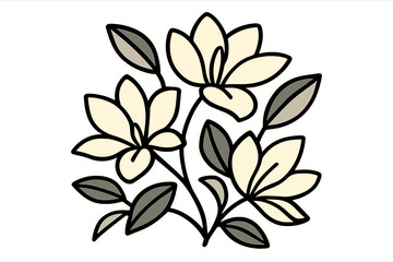 Stylized blooming magnolia flowers and leaves forming a decorative botanical cluster