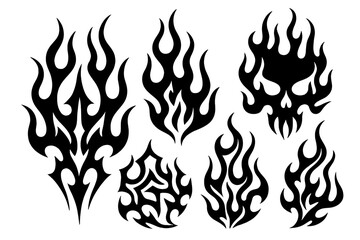 Stylized black tribal flame shapes and abstract fire designs including a burning skull element