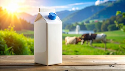 "A white milk carton with blue cap on a wooden surface, set against a sunny rural landscape with grazing cows and mountains."