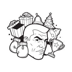 Aggressive boxer with Christmas gifts isolated on white background