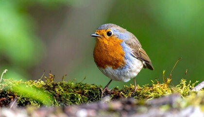 Round robin perched on mossy branch, showcasing its bright orange breast, gray head, and tiny wings