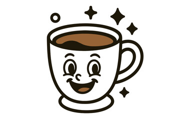 Cheerful coffee cup mascot character smiling with sparkling energy design