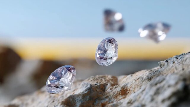 Sparkling gems descend gracefully on natural rock surface amidst clear sky