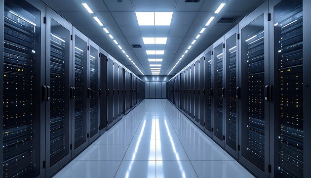 Rows of server racks fill a brightly lit, reflective hallway; blue hue, centralized perspective, clean and modern design