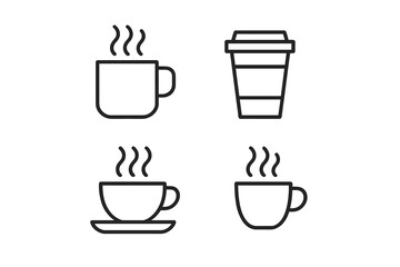 Steaming hot drinks outline icons set including coffee mugs and disposable takeaway cups