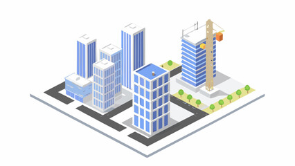 Obraz premium Isometric view of a modern city skyline with skyscrapers under construction and a prominent crane working on a new building