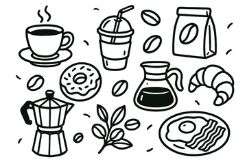 Stylized black outline drawings of coffee cups brewing tools beans and morning breakfast foods