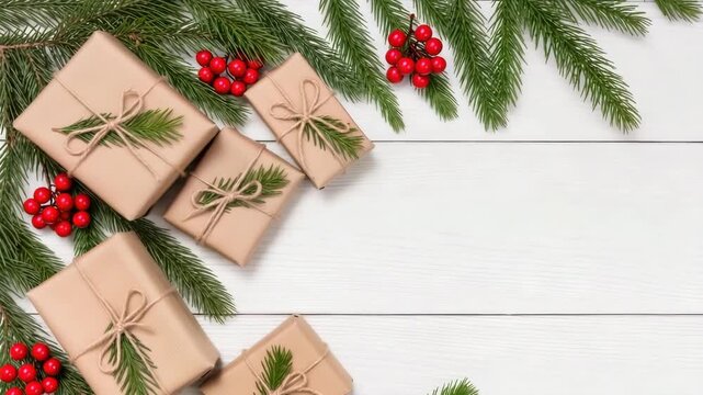 Top view of eco-friendly Christmas presents decorated with natural pine and twine. Fir branches and red berries on white wood background. Rustic holiday flat lay.