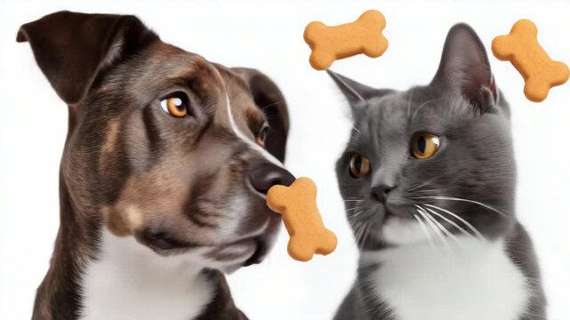Playful interaction between curious cat and attentive dog with floating treats