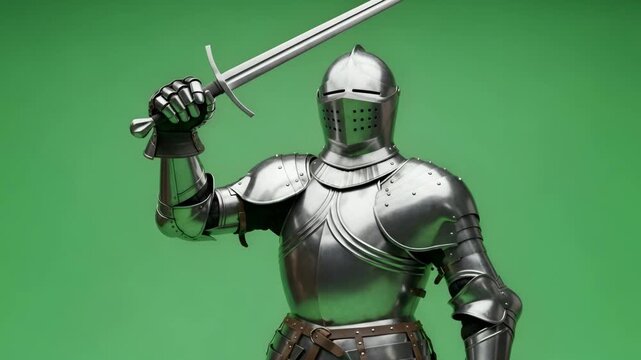 Medieval knight in full shining armor raises sword on green screen background, ready for battle or historical project