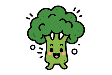 Cute green broccoli floret character standing with a happy smiling face and rosy cheeks