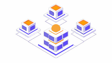Isometric illustration of a central server hub connected to multiple data storage units in a digital network system