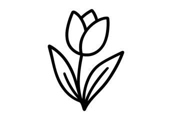 Simple stylized blooming tulip flower with leaves and stem in thin black outline drawing