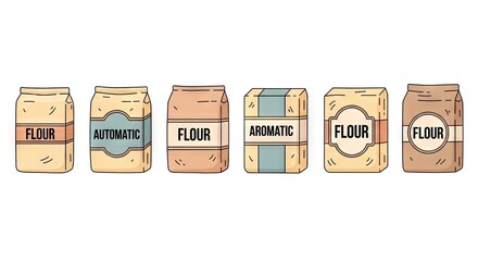 Pixel Art Illustration of Assorted Flour Bags with Text Labels and Detailed Outline