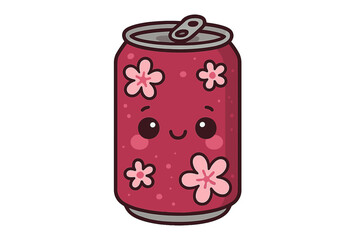 Cute soda can character with pink cherry blossom flowers on a maroon background