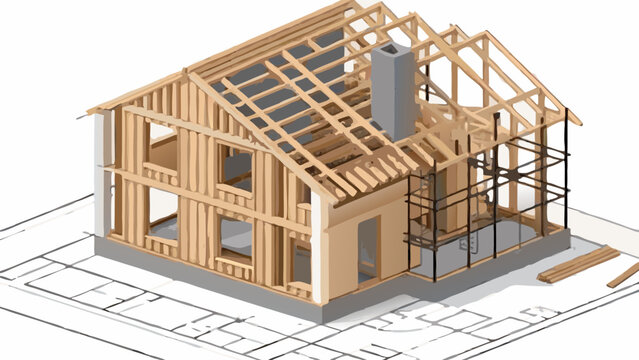 Isometric illustration of a house under construction showing wooden framing and scaffolding on a blueprint background