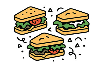 Three delicious club sandwiches with fresh ingredients and decorative elements