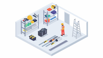 Isometric view of a construction worker in a storage room with tools equipment and shelves filled with supplies