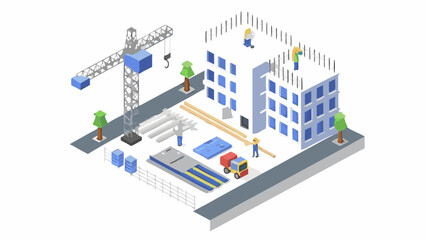Isometric view of a construction site with buildings crane workers and materials on a white background