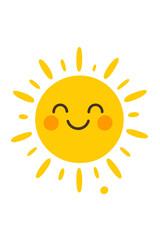 Cute smiling sun character with bright yellow rays and happy facial expression on a clean white background