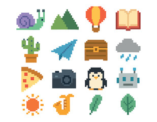 Pixel Art Icon Set Snail Mountain Hot Air Balloon Book Cactus Chest Rain Pizza Camera Penguin Robot Vector Collection