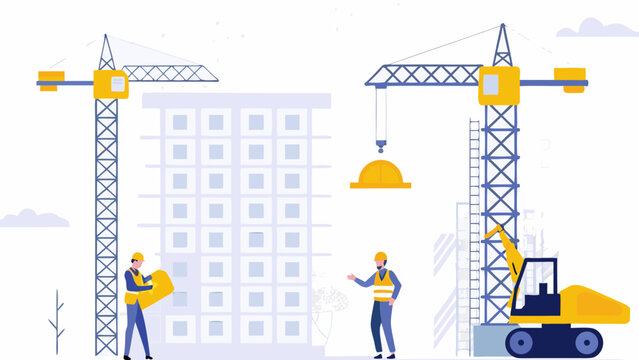 Modern flat illustration of construction site with cranes building a high rise apartment complex with workers and equipment