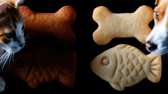 Curious dog sniffs assorted biscuits shaped as fish and bones on black background