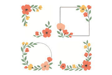 Delicate floral frames and borders with orange and yellow spring blossoms and green leaves