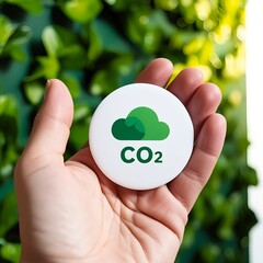 Hand holding a circular emblem with a green cloud symbol and co2 text representing carbon footprint reduction and environmental sustainability concept