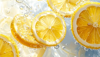 Sliced lemons float in bubbly water, a refreshing, citrusy close-up with bright yellow hues and cool tones