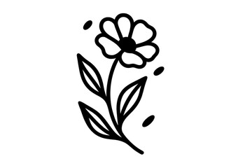 Minimalist black blooming flower with leaves and decorative dots on a white background