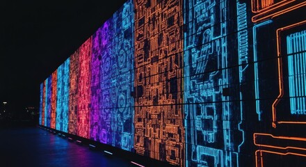 Illuminated abstract circuit patterns displayed on a wall at night