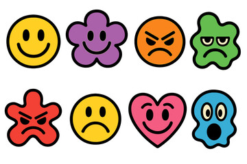 Colorful retro cartoon faces and abstract shapes expressing various emotions