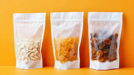 Sequenced display of assorted nuts in standup pouches with minimalist design - Powered by Adobe