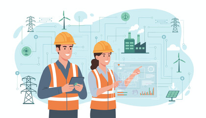 Male and female industrial engineers in hard hats and safety vests collaborate on a digital interface, surrounded by icons representing renewable energy sources like wind turbines, solar panels, and
