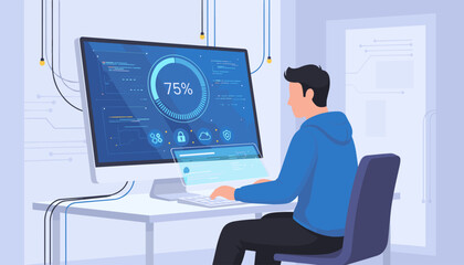 Modern man in blue hoodie working on computer with futuristic interface displaying 75% progress bar, cloud, lock, and shield icons, symbolizing software installation and digital security in a