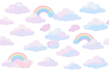 Seamless pattern of fluffy pastel clouds and colorful rainbows floating in the blue sky