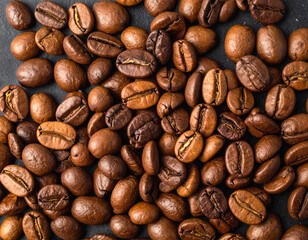 Coffee beans, top view background