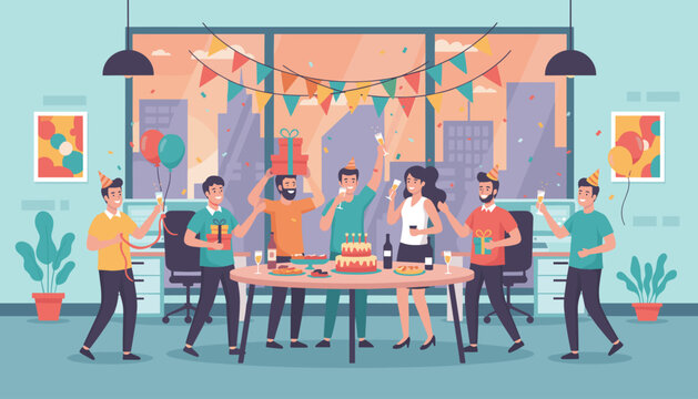 A vibrant and joyful office party scene unfolds with colleagues celebrating a special occasion, adorned with festive party hats, exchanging gifts, and toasting with champagne amidst colorful confetti