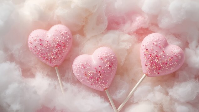 Pink Heart Confections Amidst Fluffy, Dreamlike Cloudscapes A Sweet Visual Treat.