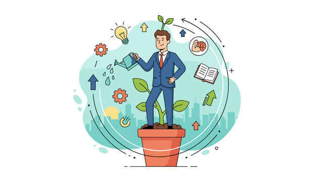 Conceptual illustration of personal development and self-improvement, showing a businessman watering a plant growing from a pot, symbolizing career growth, learning, and success with icons of