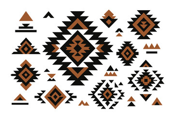 Set of traditional ethnic geometric pattern elements featuring black and brown colors