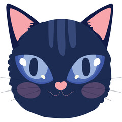Close Up Pixel Art Of A Dark Blue Cat Head With Big Blue Eyes Pink Cheeks And Pink Nose On A Transparent Background
