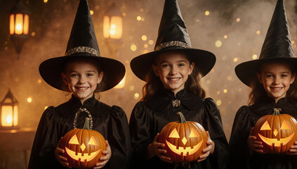 A polished Halloween visual with a magical feel. The glowing pumpkins and golden bokeh lights create a dreamy atmosphere.