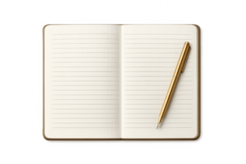 Open lined notebook with gold pen on transparent background