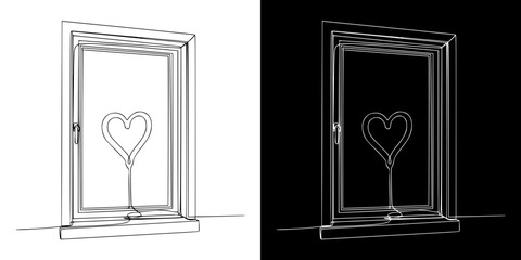 Isolated vector image in line art style of heart drawing on glass for Valentine's Day, two design options on transparent and black backgrounds  
